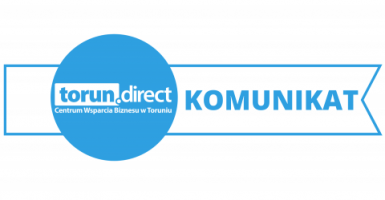Grafika z logotypem Centrum Wsparcia Biznesu w Toruniu po lewej stronie i napisem "KOMUNIKAT" po prawej stronie