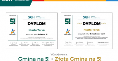 Grafika przedstawia dyplom Złotej Gminy na 5! SGH w Warszawie 