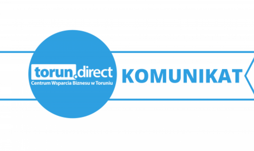 Grafika z logotypem Centrum Wsparcia Biznesu w Toruniu po lewej stronie i napisem "KOMUNIKAT" po prawej stronie