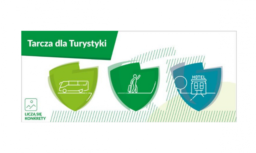 Grafika promująca Tarczę dla Turystyki. Rysunki autobusu, podróżującego człowieka i hotelu widnieją w róznokolorowych tarczach na białym tle