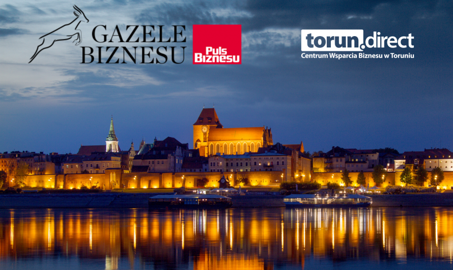 Grafika z panoramą Torunia i logotypem Gazele Biznesu 