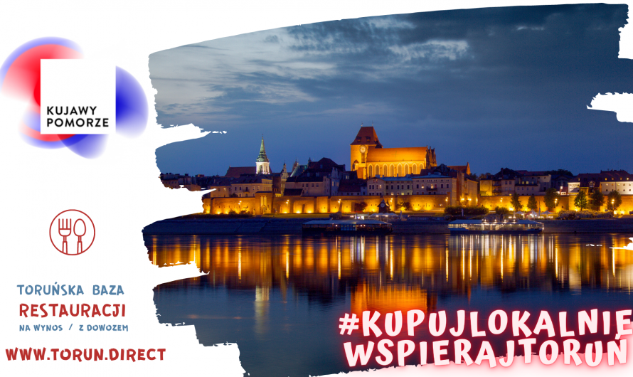 Grafika przedstawia panoramę Torunia, logotyp Kujawy i Pomorze i tekst #kupujloklaniewspierajtoruń 