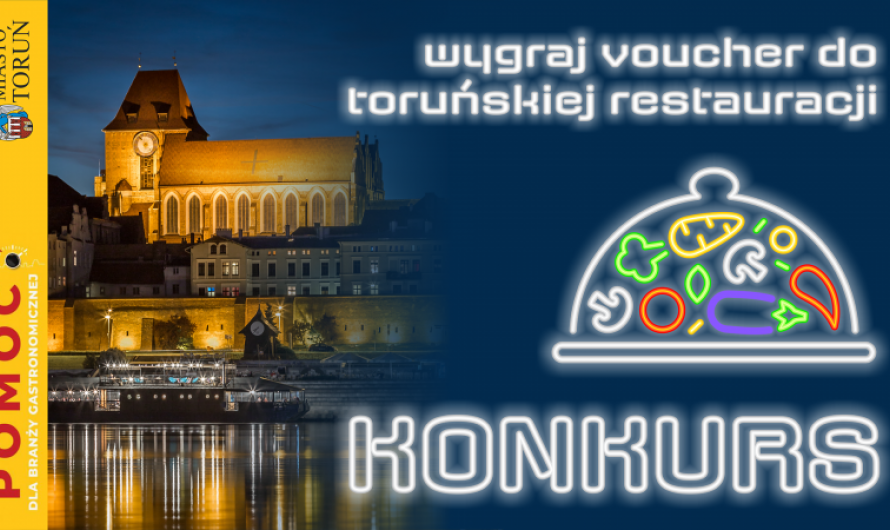 Grafika przedstawia panoramę Torunia wraz z opisem KONKURS: wygraj voucher do toruńskiej restauracji 