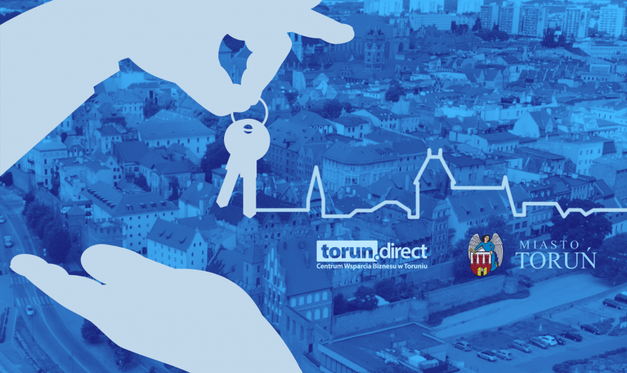Grafika przedstwia dłonie przekazujące klucze i logotypy Miasto Toruń/CWB, w tle zdjęcie Torunia 