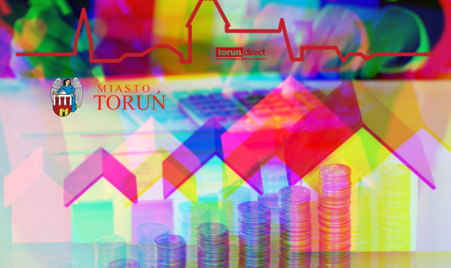 Grafika z pieniędzmi i nieruchomościami, w tle panorama Torunia