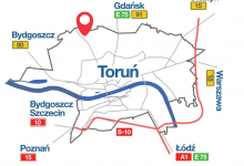 Grafika przedstawiająca lokalizację działki, która jest wystawiona do przetargu, na mapie Torunia