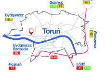 Mapa Torunia z zaznaczoną lokalizacją działki wystawionej na sprzedaż