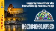 Grafika przedstawia panoramę Torunia wraz z opisem KONKURS: wygraj voucher do toruńskiej restauracji 